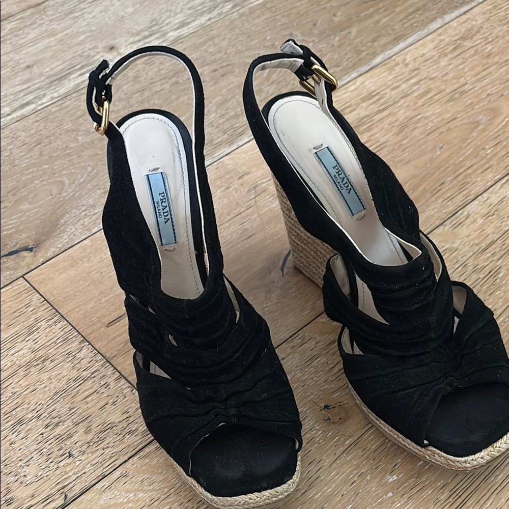 Prada Black Strappy Wedge Shoes